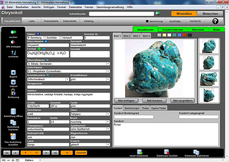 GS Mineralien-Verwaltung Screenshot GS Mineralien-Verwaltung Screenshot
